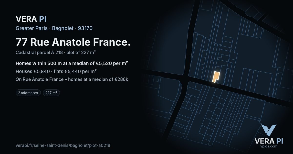 77 Rue Anatole France, Bagnolet at night – the plot lit, the parcels around coloured by the prices near them
