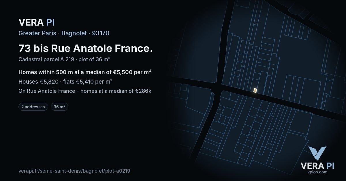 73 bis Rue Anatole France, Bagnolet at night – the plot lit, the parcels around coloured by the prices near them