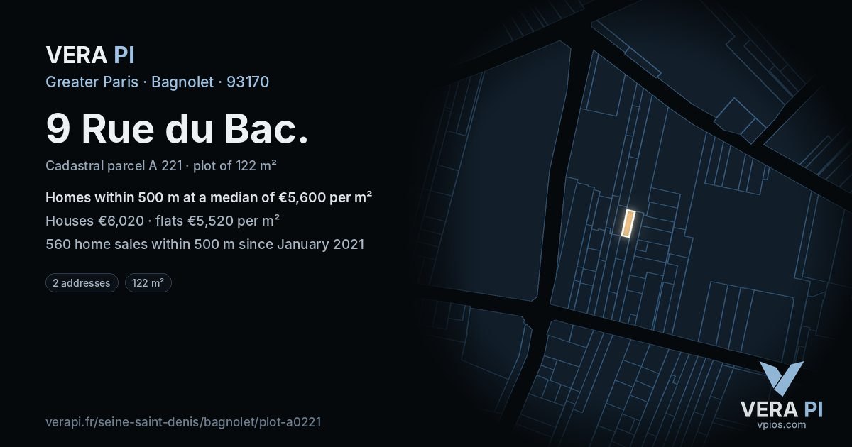 9 Rue du Bac, Bagnolet at night – the plot lit, the parcels around coloured by the prices near them