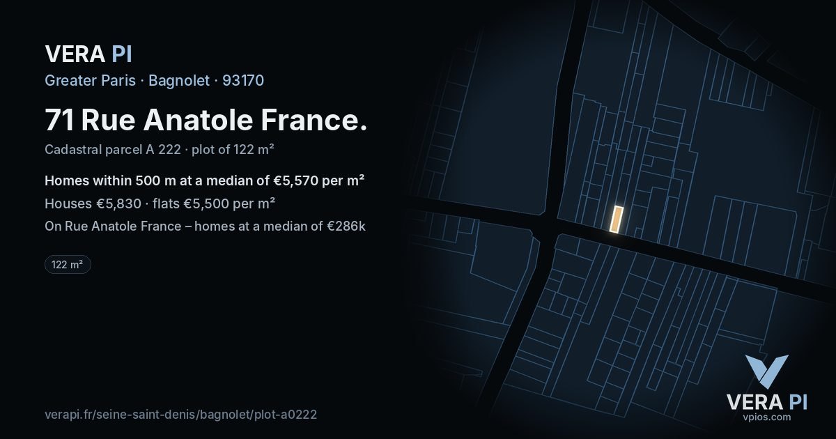 71 Rue Anatole France, Bagnolet at night – the plot lit, the parcels around coloured by the prices near them