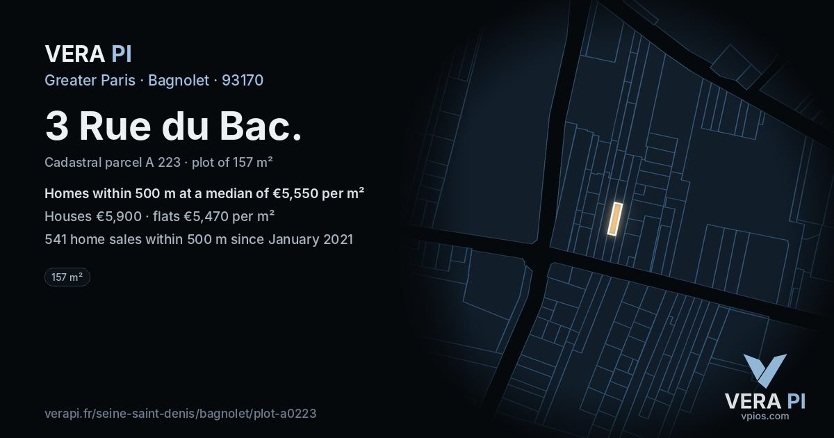 3 Rue du Bac, Bagnolet at night – the plot lit, the parcels around coloured by the prices near them