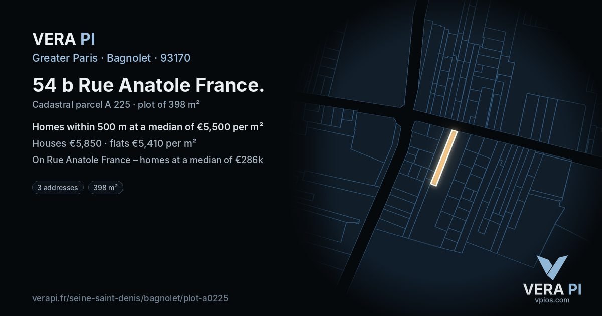 54 b Rue Anatole France, Bagnolet at night – the plot lit, the parcels around coloured by the prices near them