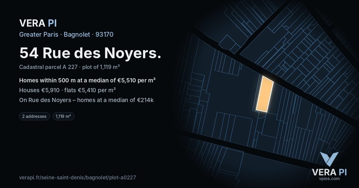54 Rue des Noyers, Bagnolet at night – the plot lit, the parcels around coloured by the prices near them
