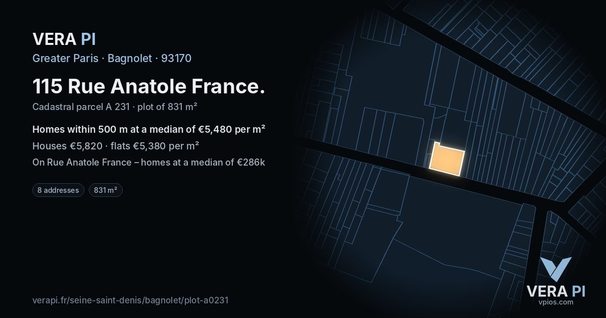 115 Rue Anatole France, Bagnolet at night – the plot lit, the parcels around coloured by the prices near them