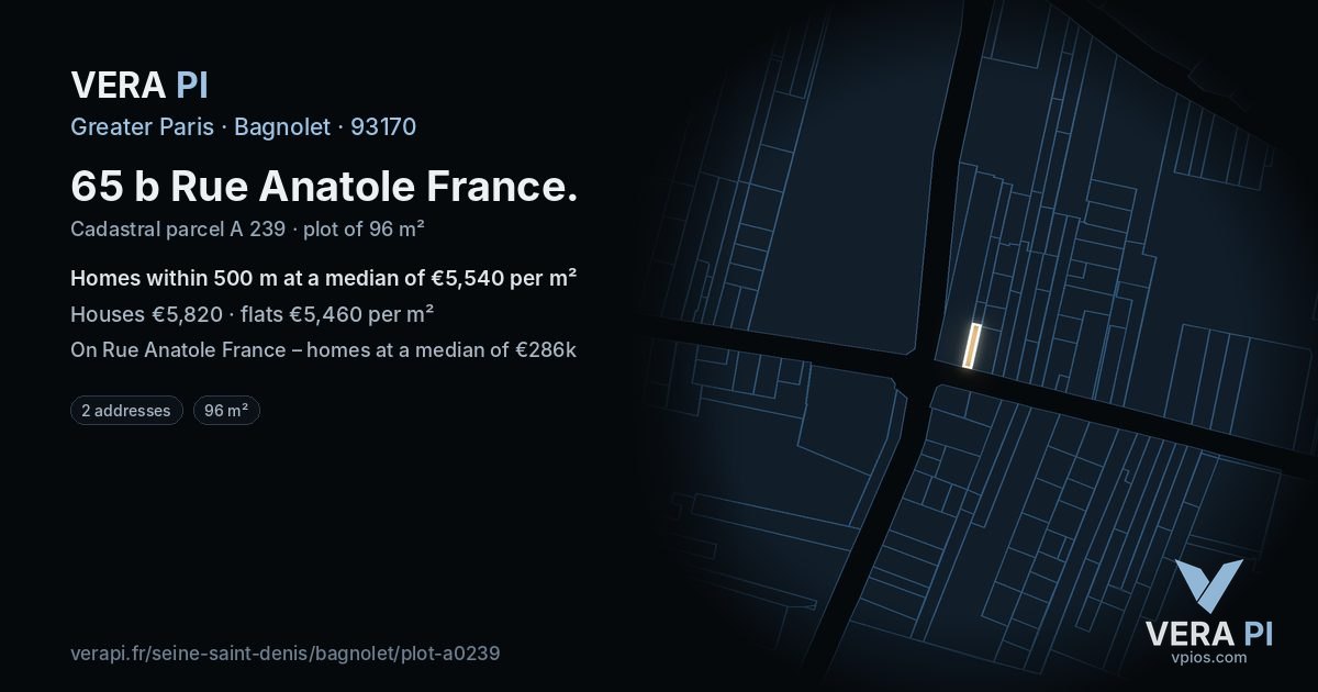 65 b Rue Anatole France, Bagnolet at night – the plot lit, the parcels around coloured by the prices near them