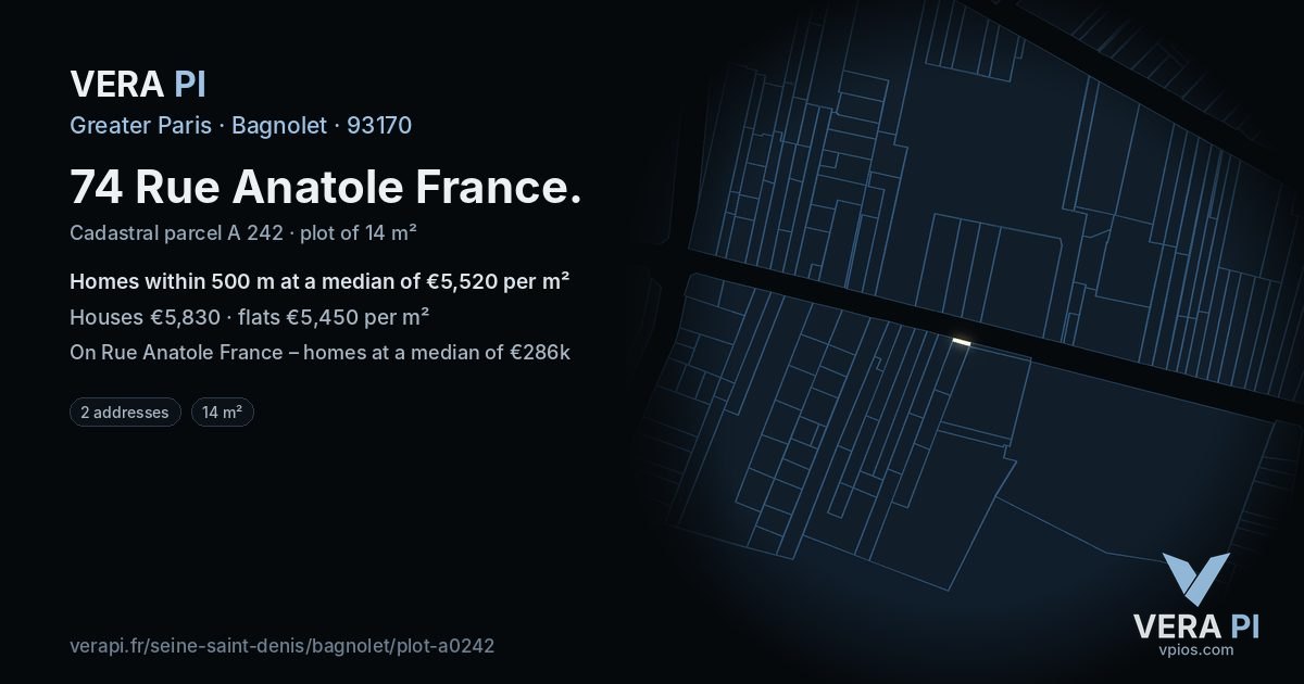 74 Rue Anatole France, Bagnolet at night – the plot lit, the parcels around coloured by the prices near them