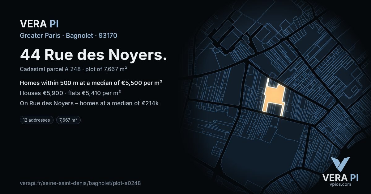 44 Rue des Noyers, Bagnolet at night – the plot lit, the parcels around coloured by the prices near them