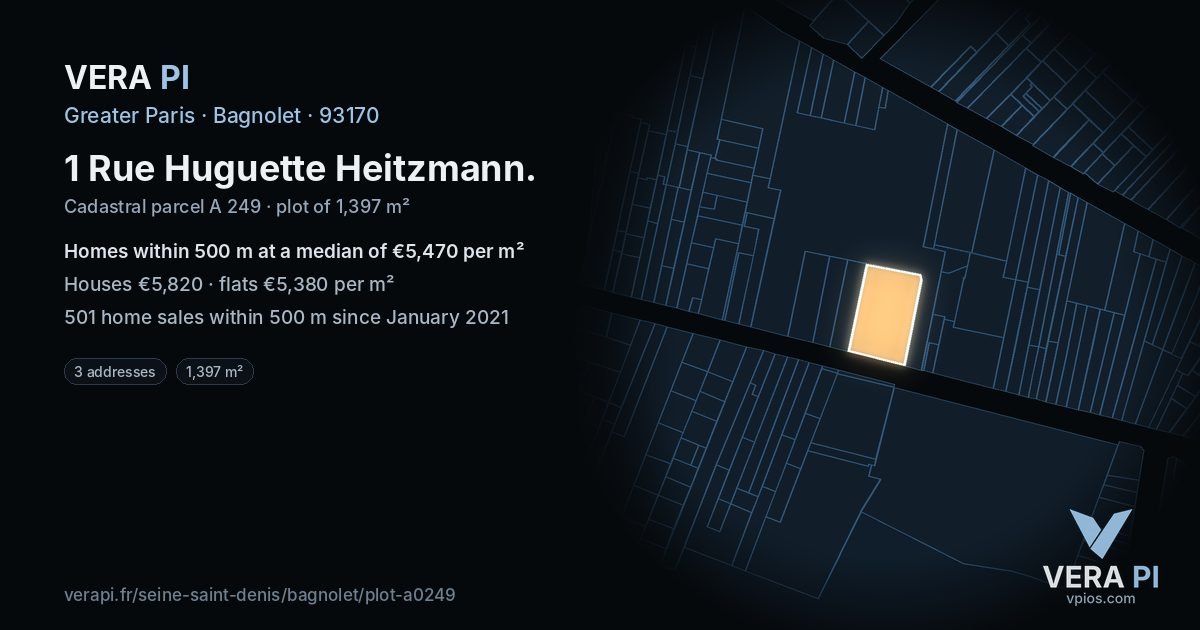 1 Rue Huguette Heitzmann, Bagnolet at night – the plot lit, the parcels around coloured by the prices near them