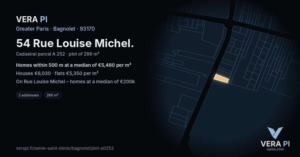 54 Rue Louise Michel, Bagnolet at night – the plot lit, the parcels around coloured by the prices near them