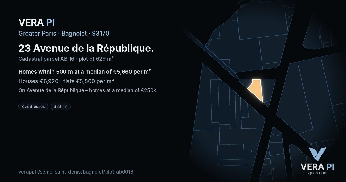 23 Avenue de la République, Bagnolet at night – the plot lit, the parcels around coloured by the prices near them