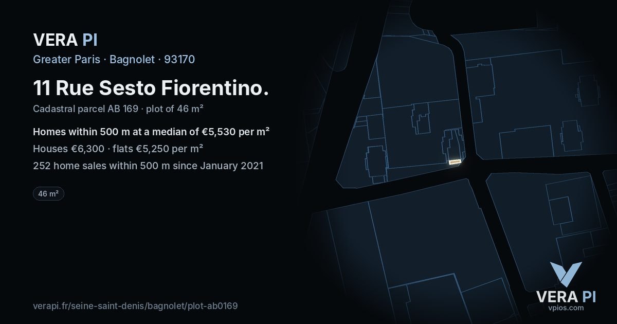 11 Rue Sesto Fiorentino, Bagnolet at night – the plot lit, the parcels around coloured by the prices near them