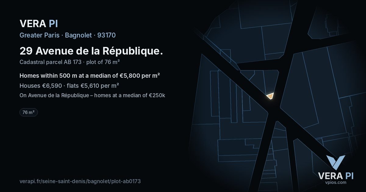 29 Avenue de la République, Bagnolet at night – the plot lit, the parcels around coloured by the prices near them