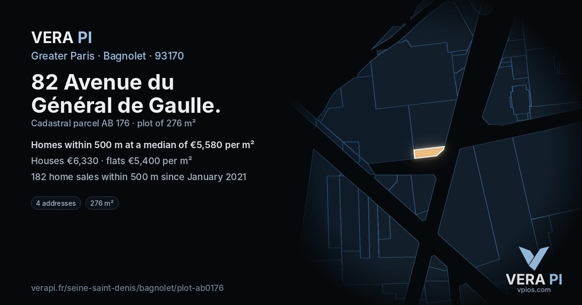 82 Avenue du Général de Gaulle, Bagnolet at night – the plot lit, the parcels around coloured by the prices near them