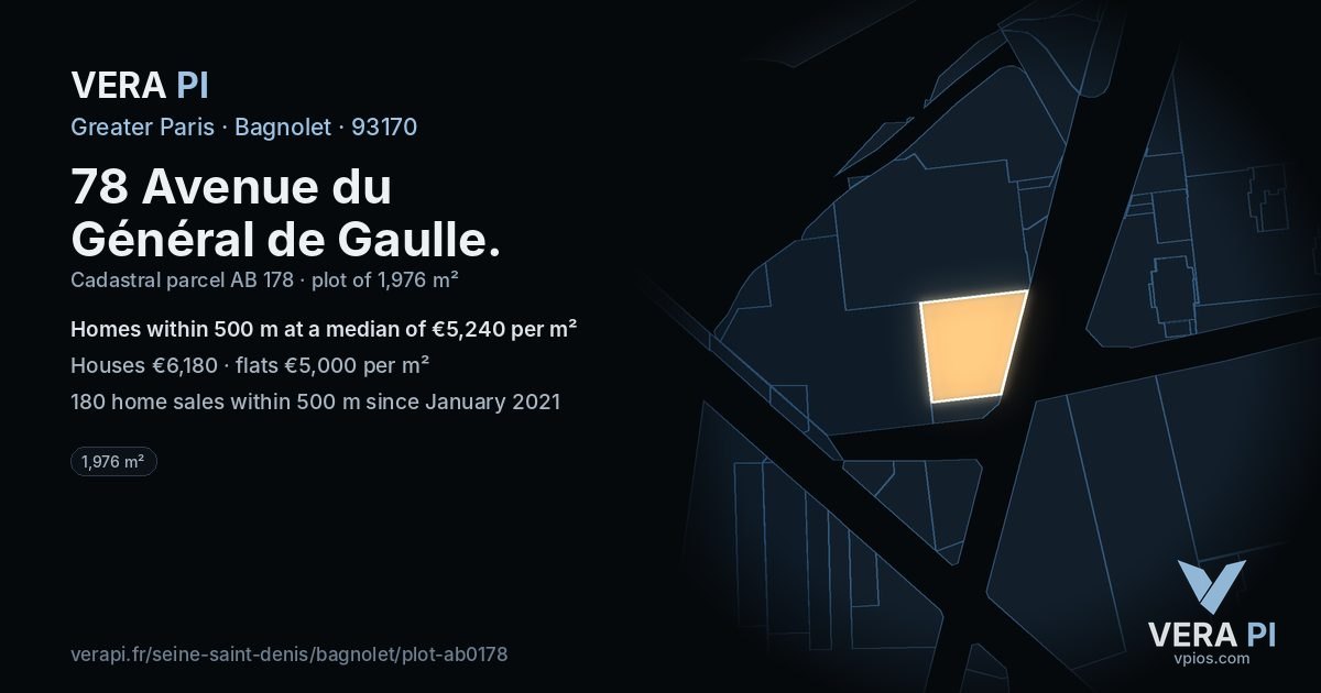 78 Avenue du Général de Gaulle, Bagnolet at night – the plot lit, the parcels around coloured by the prices near them