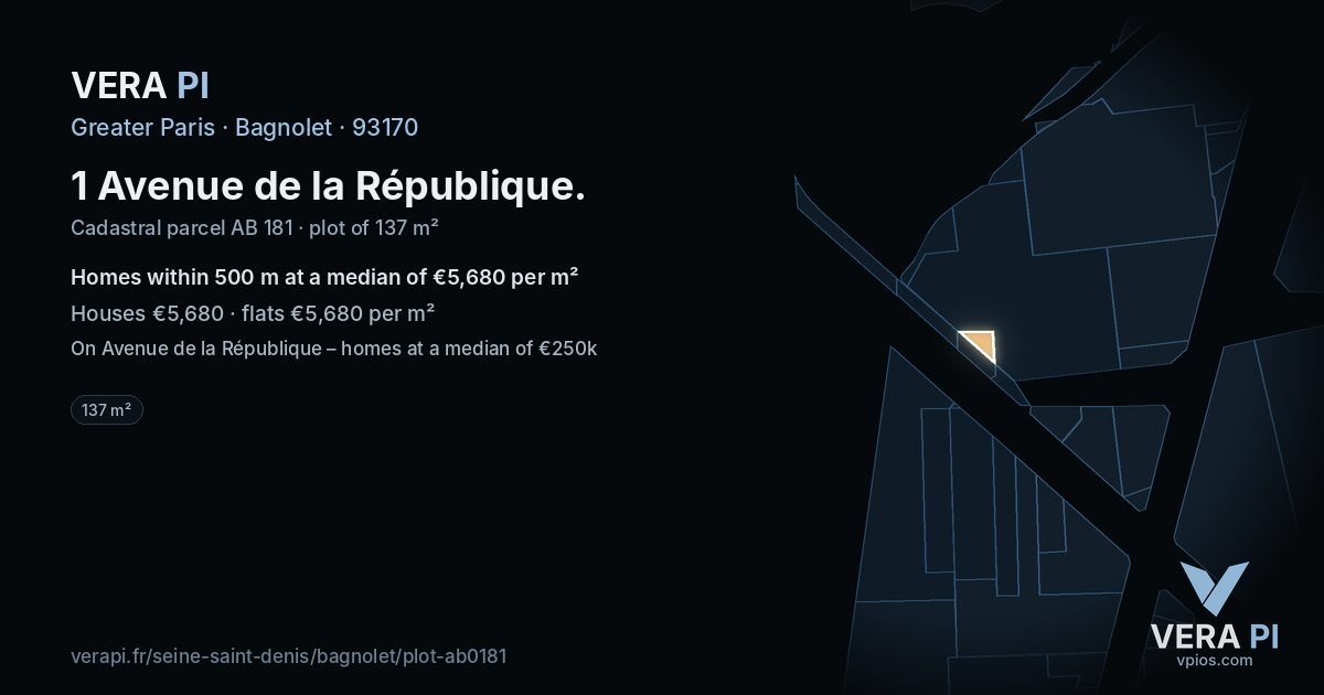 1 Avenue de la République, Bagnolet at night – the plot lit, the parcels around coloured by the prices near them