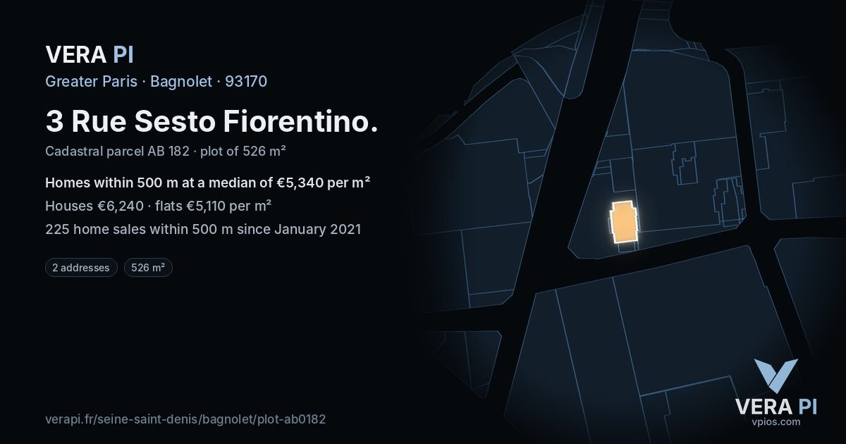 3 Rue Sesto Fiorentino, Bagnolet at night – the plot lit, the parcels around coloured by the prices near them