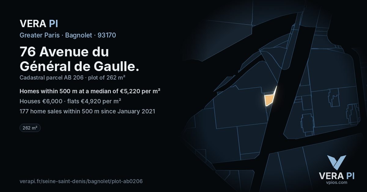 76 Avenue du Général de Gaulle, Bagnolet at night – the plot lit, the parcels around coloured by the prices near them