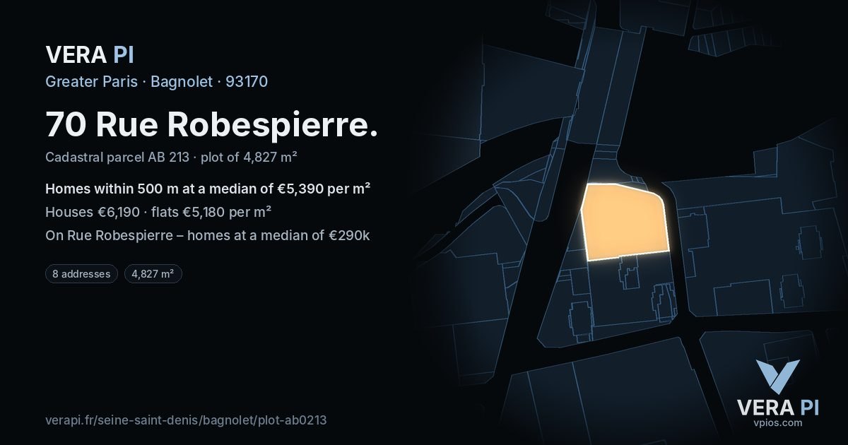 70 Rue Robespierre, Bagnolet at night – the plot lit, the parcels around coloured by the prices near them