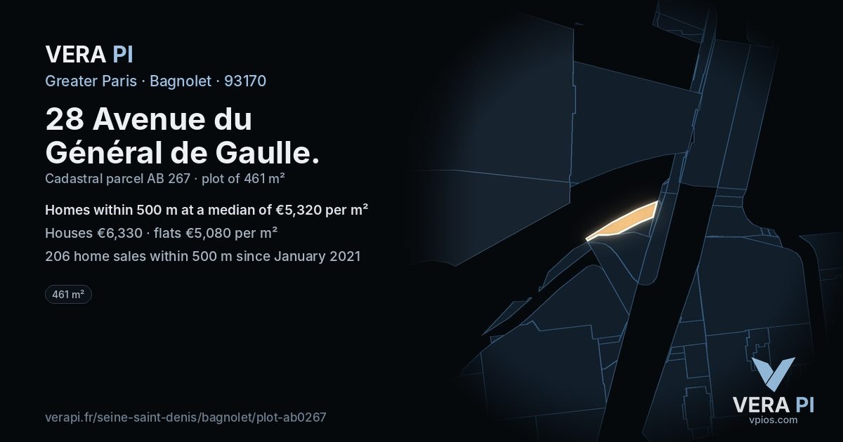 28 Avenue du Général de Gaulle, Bagnolet at night – the plot lit, the parcels around coloured by the prices near them