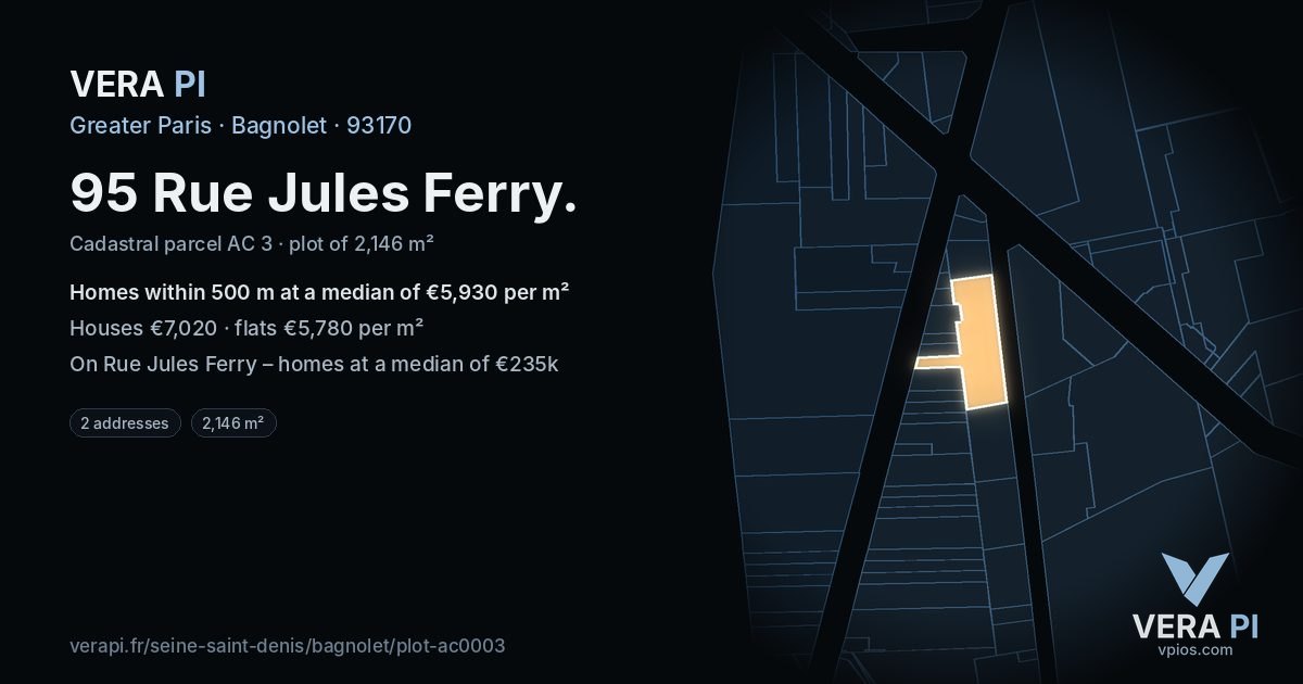 95 Rue Jules Ferry, Bagnolet at night – the plot lit, the parcels around coloured by the prices near them