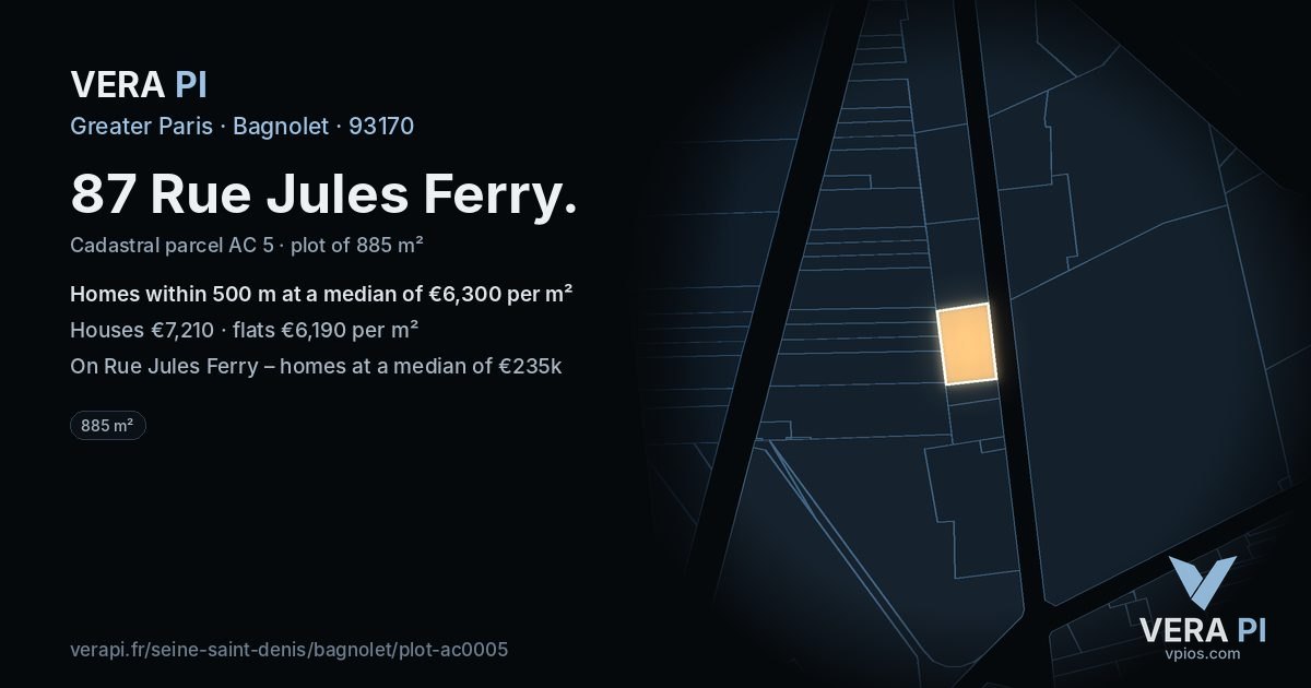87 Rue Jules Ferry, Bagnolet at night – the plot lit, the parcels around coloured by the prices near them