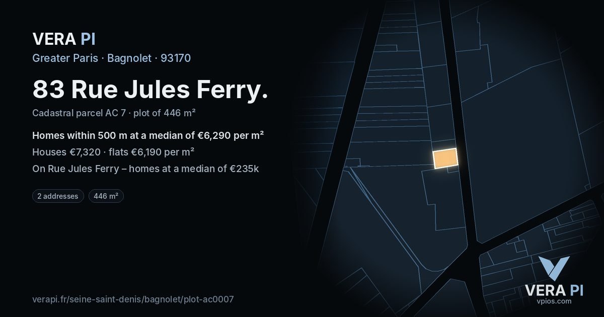 83 Rue Jules Ferry, Bagnolet at night – the plot lit, the parcels around coloured by the prices near them