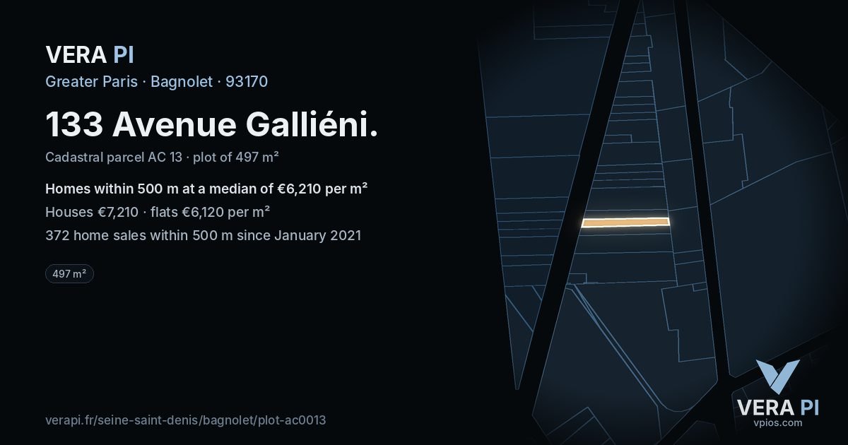 133 Avenue Galliéni, Bagnolet at night – the plot lit, the parcels around coloured by the prices near them