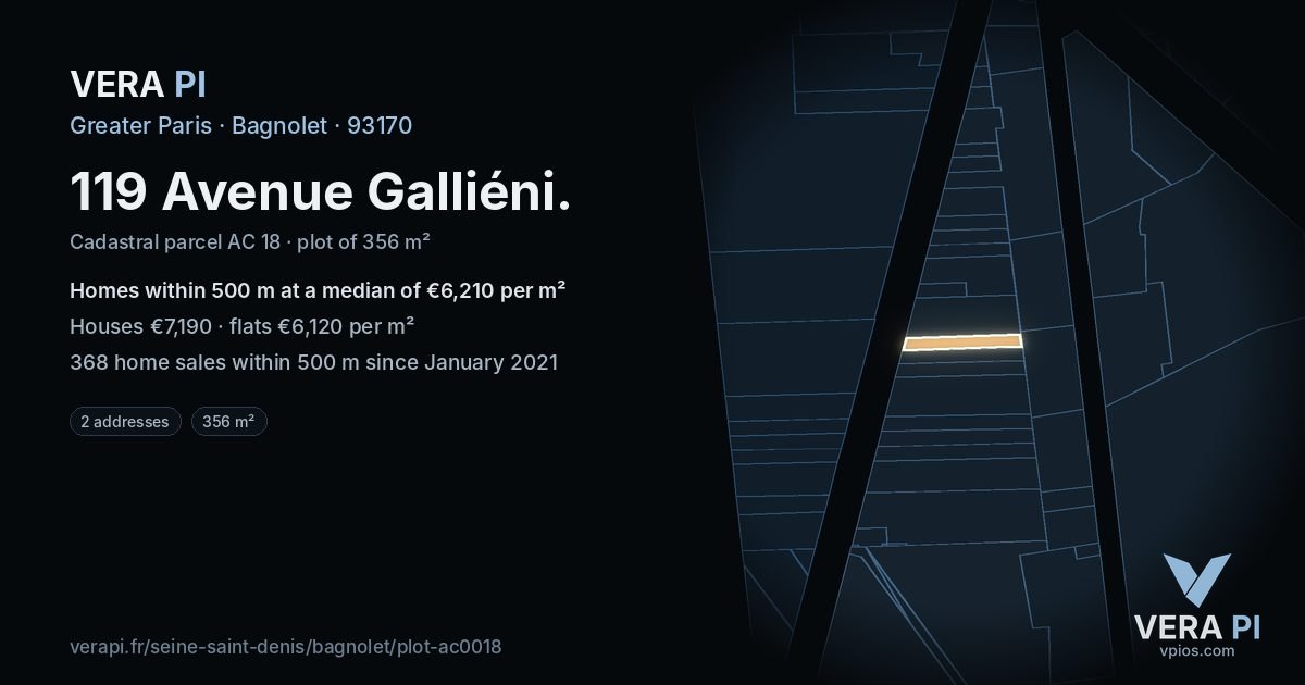 119 Avenue Galliéni, Bagnolet at night – the plot lit, the parcels around coloured by the prices near them