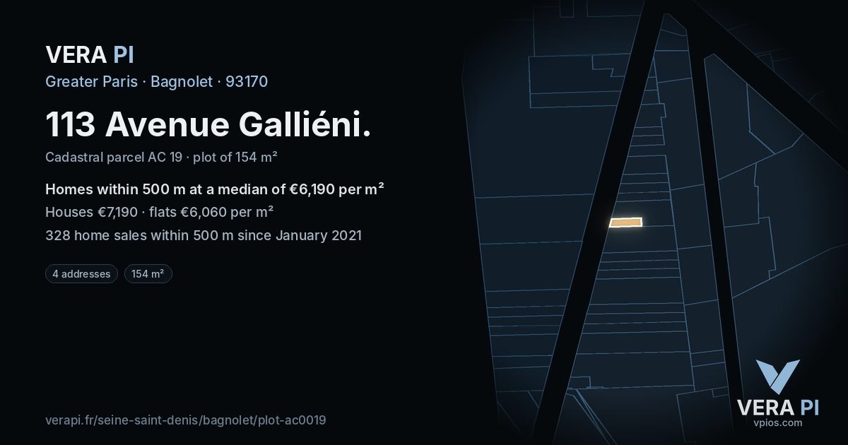 113 Avenue Galliéni, Bagnolet at night – the plot lit, the parcels around coloured by the prices near them