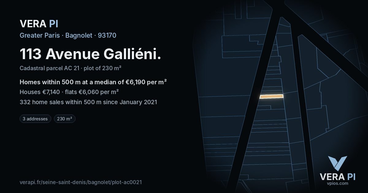 113 Avenue Galliéni, Bagnolet at night – the plot lit, the parcels around coloured by the prices near them