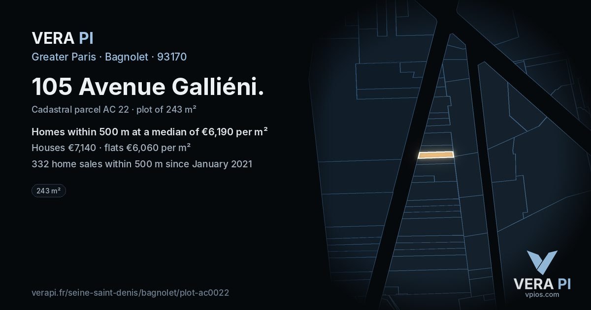 105 Avenue Galliéni, Bagnolet at night – the plot lit, the parcels around coloured by the prices near them