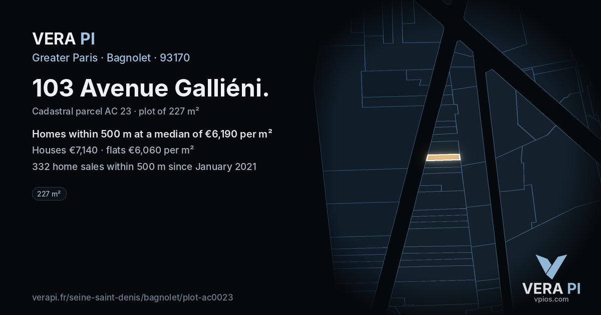 103 Avenue Galliéni, Bagnolet at night – the plot lit, the parcels around coloured by the prices near them