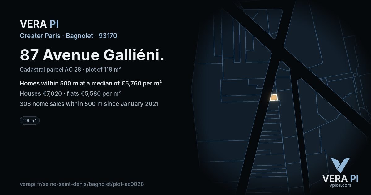 87 Avenue Galliéni, Bagnolet at night – the plot lit, the parcels around coloured by the prices near them