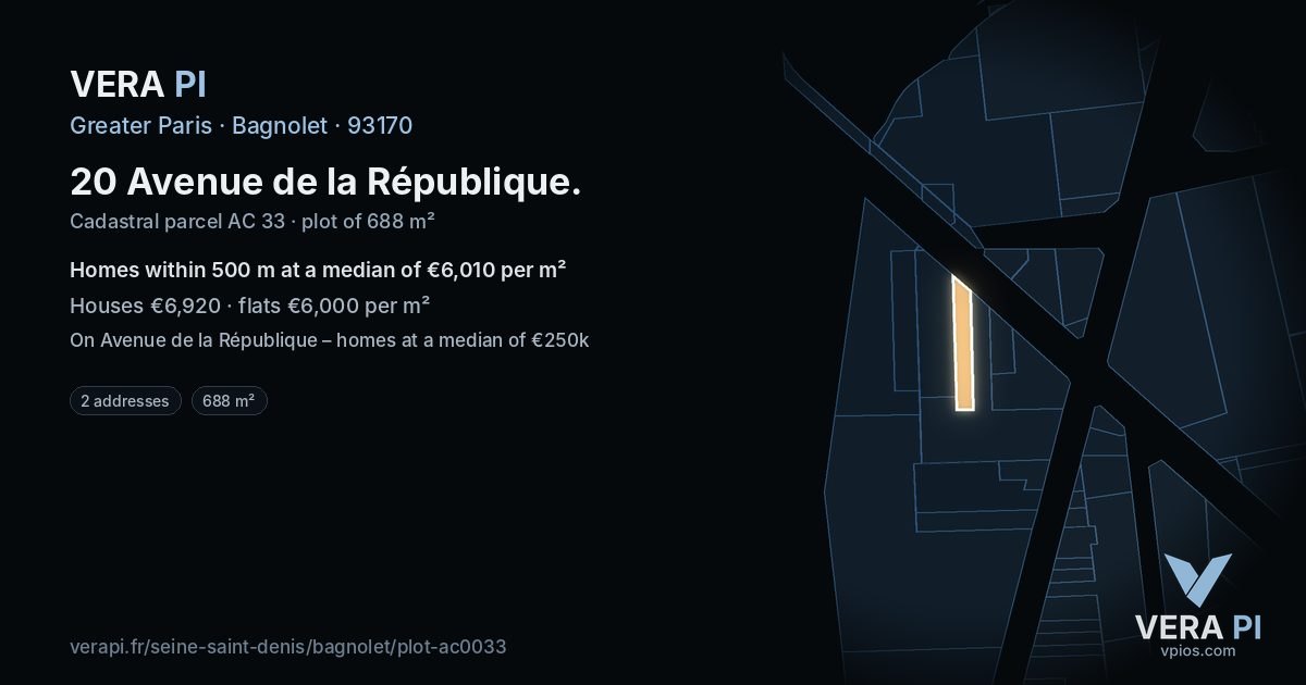 20 Avenue de la République, Bagnolet at night – the plot lit, the parcels around coloured by the prices near them
