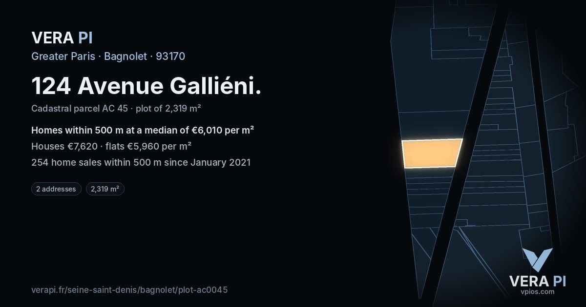 124 Avenue Galliéni, Bagnolet at night – the plot lit, the parcels around coloured by the prices near them