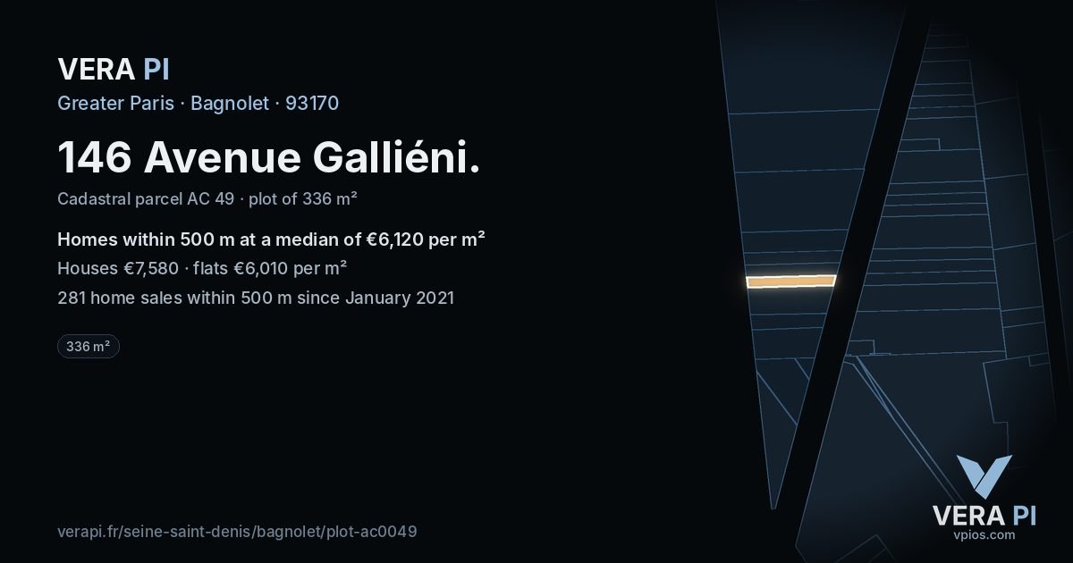 146 Avenue Galliéni, Bagnolet at night – the plot lit, the parcels around coloured by the prices near them