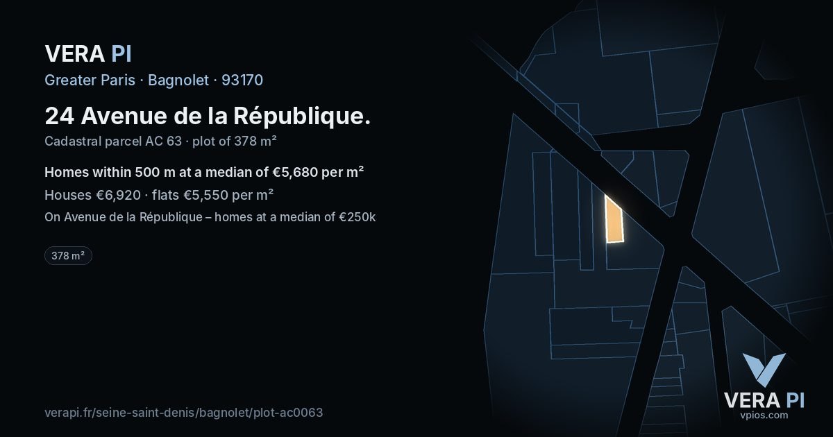 24 Avenue de la République, Bagnolet at night – the plot lit, the parcels around coloured by the prices near them