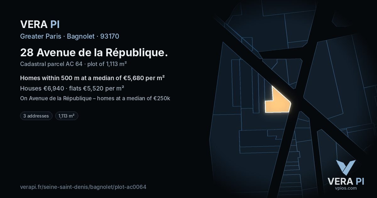 28 Avenue de la République, Bagnolet at night – the plot lit, the parcels around coloured by the prices near them