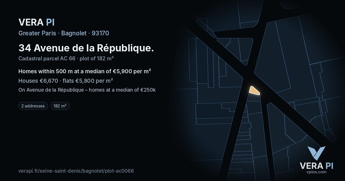 34 Avenue de la République, Bagnolet at night – the plot lit, the parcels around coloured by the prices near them