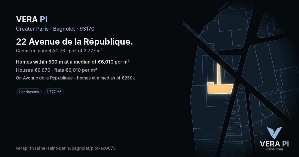 22 Avenue de la République, Bagnolet at night – the plot lit, the parcels around coloured by the prices near them