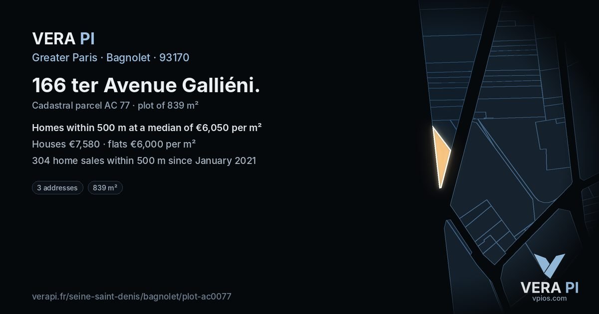 166 ter Avenue Galliéni, Bagnolet at night – the plot lit, the parcels around coloured by the prices near them
