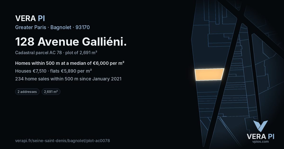 128 Avenue Galliéni, Bagnolet at night – the plot lit, the parcels around coloured by the prices near them