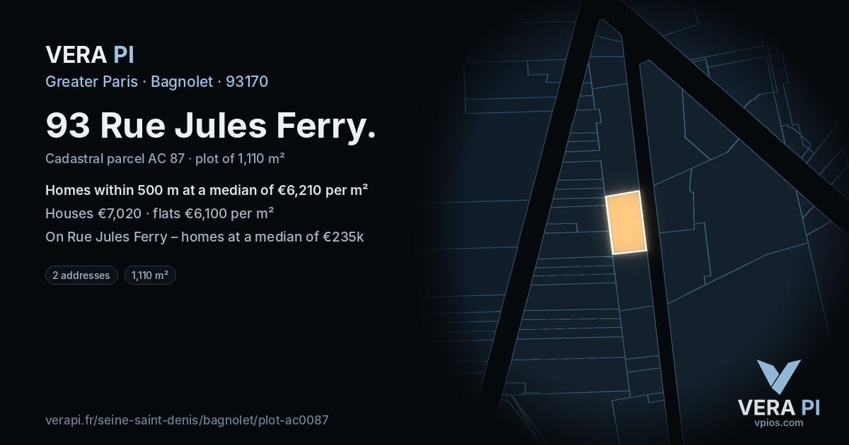 93 Rue Jules Ferry, Bagnolet at night – the plot lit, the parcels around coloured by the prices near them