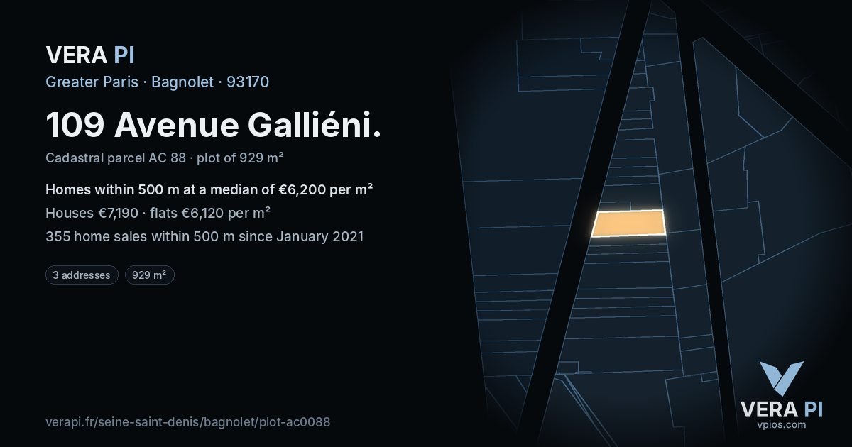 109 Avenue Galliéni, Bagnolet at night – the plot lit, the parcels around coloured by the prices near them
