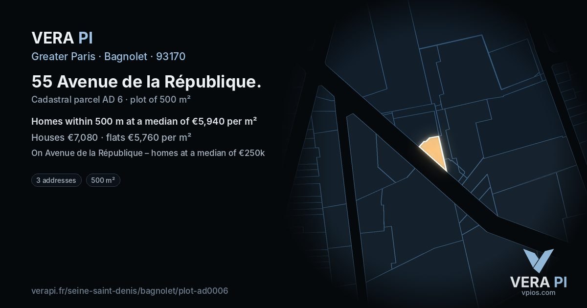 55 Avenue de la République, Bagnolet at night – the plot lit, the parcels around coloured by the prices near them