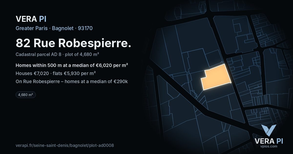 82 Rue Robespierre, Bagnolet at night – the plot lit, the parcels around coloured by the prices near them