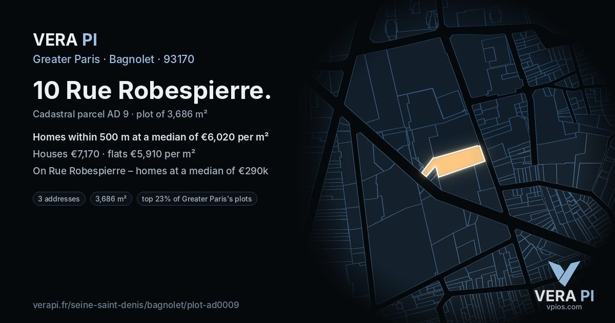 10 Rue Robespierre, Bagnolet at night – the plot lit, the parcels around coloured by the prices near them