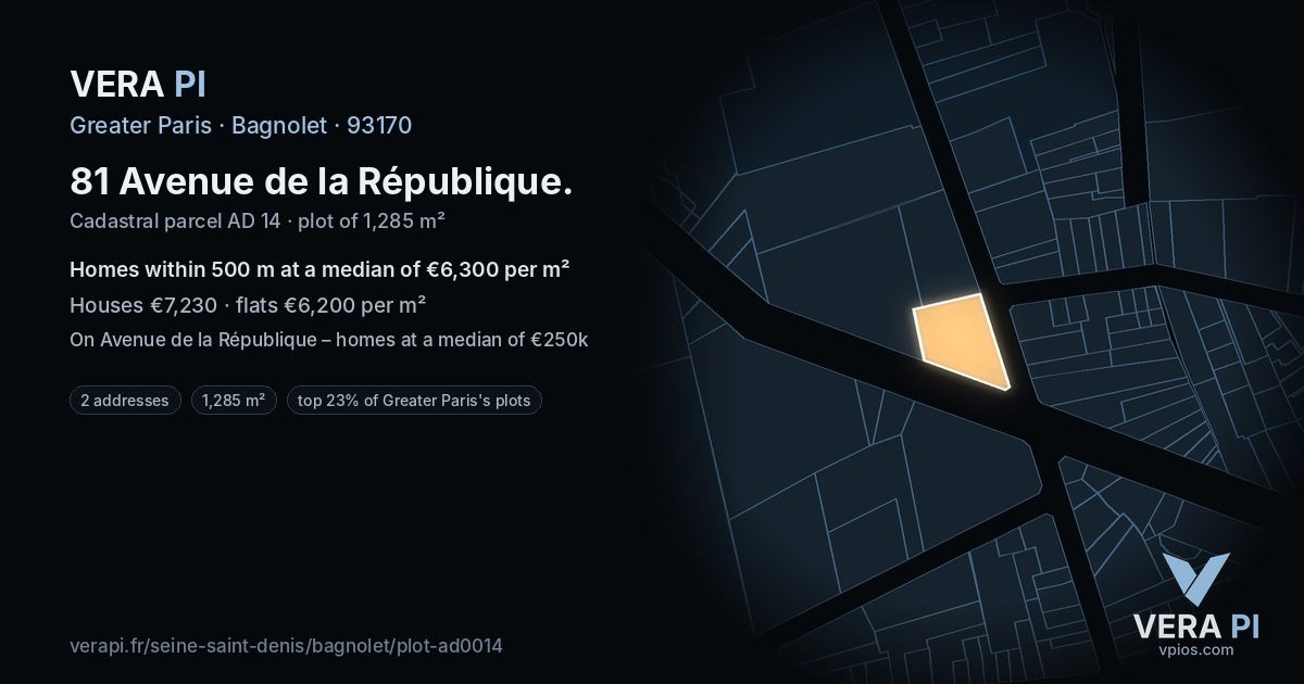 81 Avenue de la République, Bagnolet at night – the plot lit, the parcels around coloured by the prices near them
