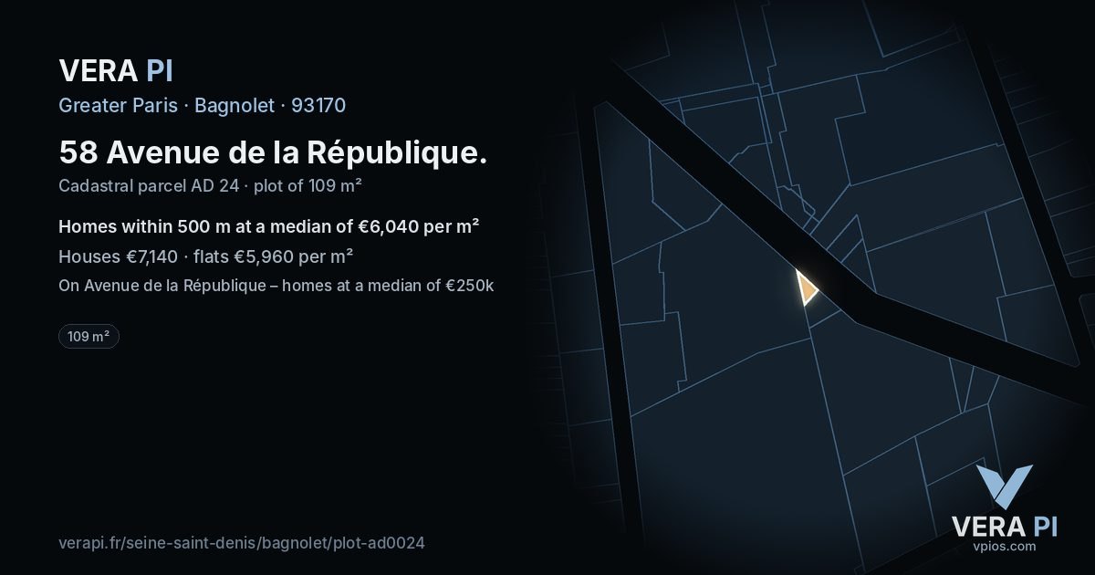 58 Avenue de la République, Bagnolet at night – the plot lit, the parcels around coloured by the prices near them