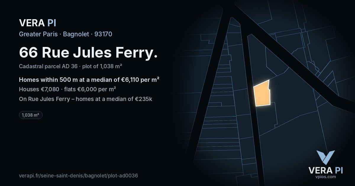 66 Rue Jules Ferry, Bagnolet at night – the plot lit, the parcels around coloured by the prices near them